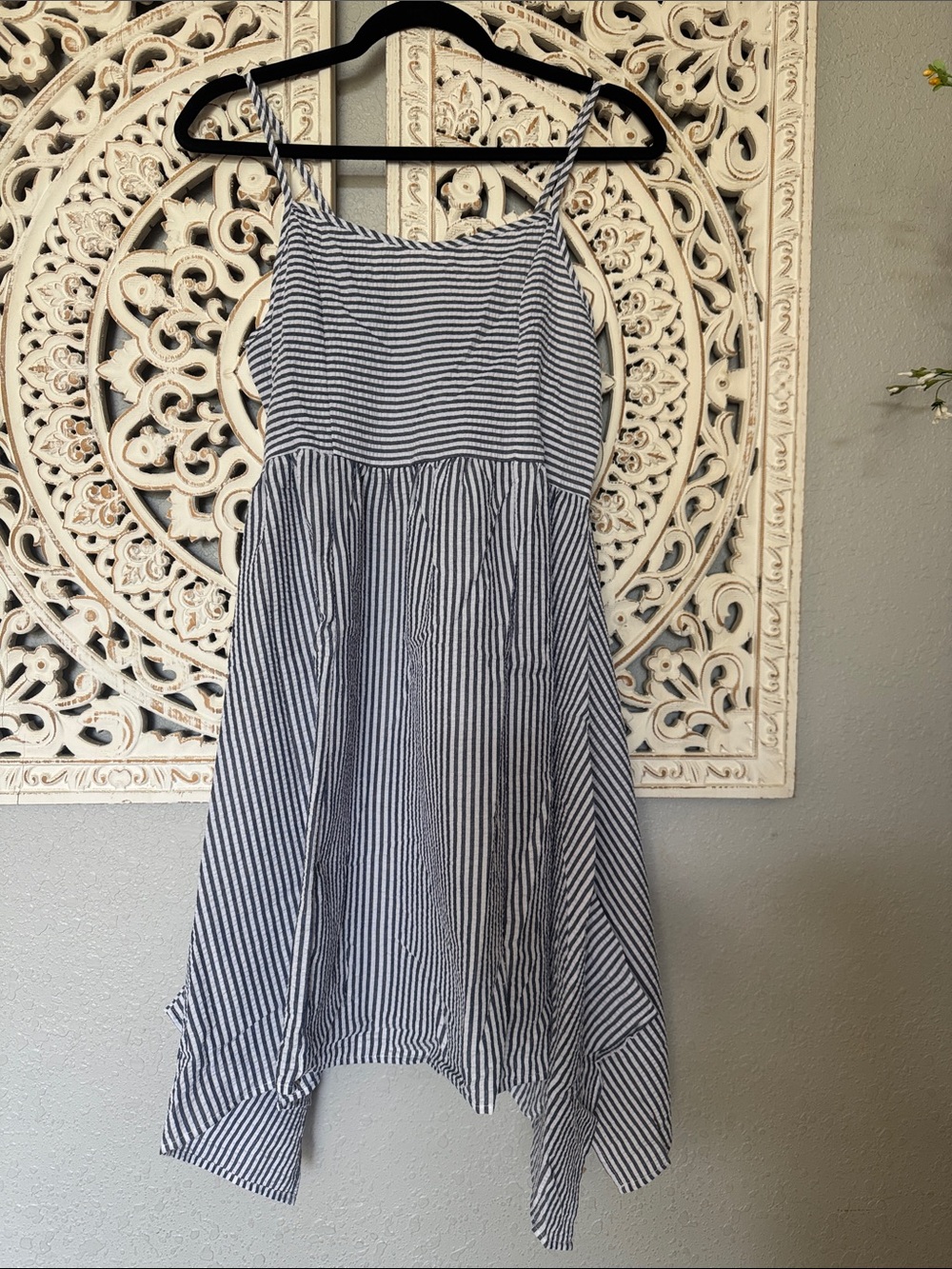 Angie Navy and White Striped Handkerchief Hem Dress